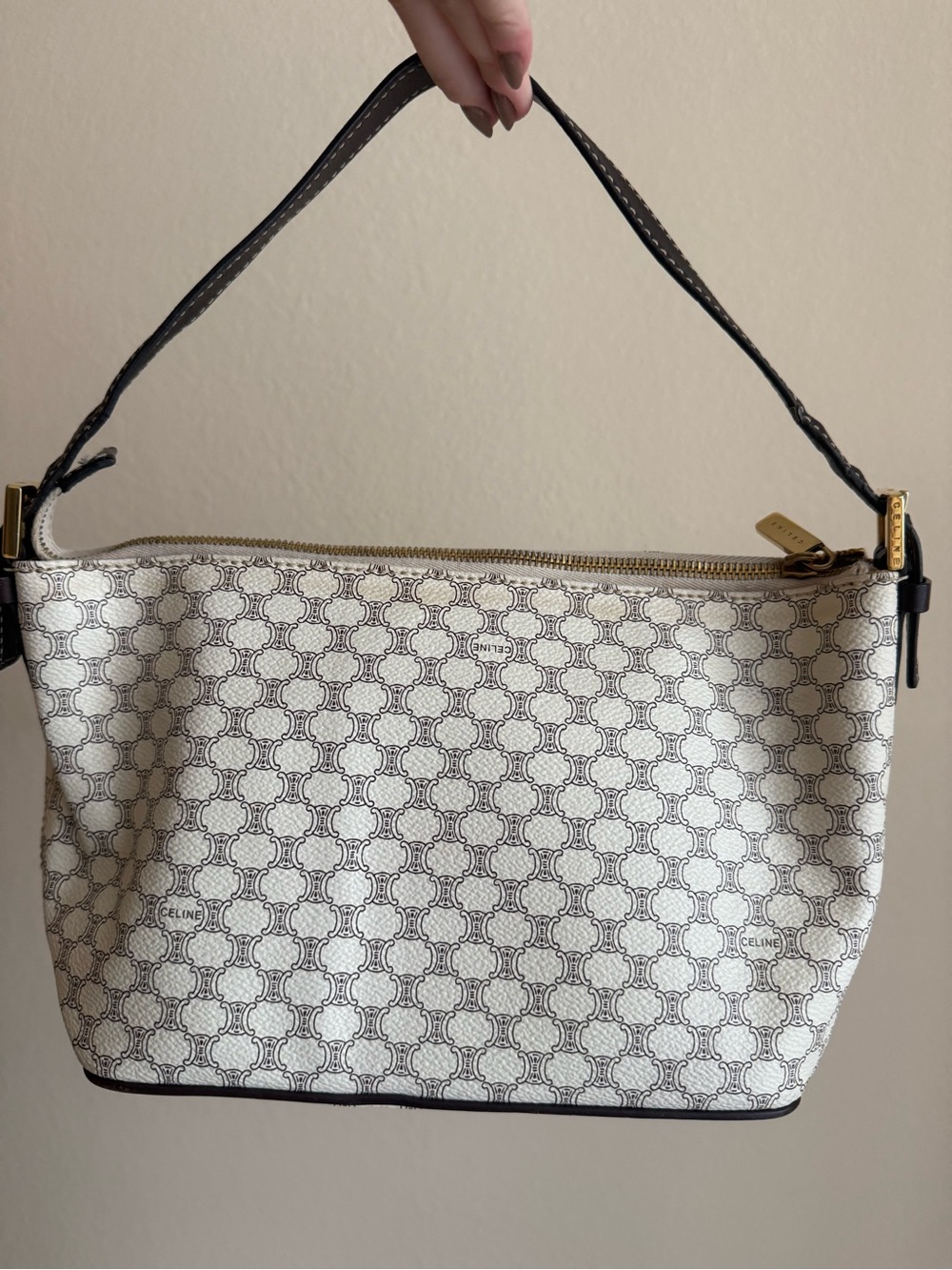 Celine White Triomphe Pattern Shoulder Bag with Black Trim